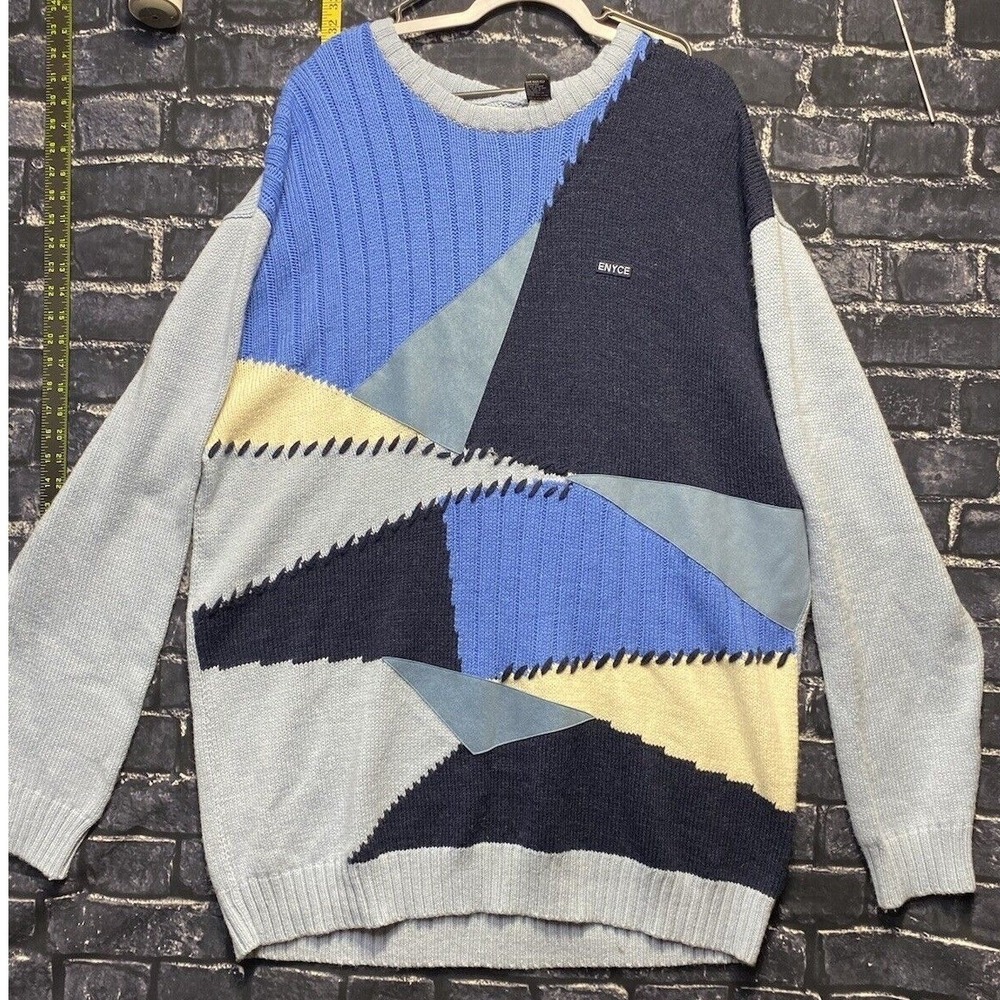 Vintage Enyce‎ Knit Sweater 3XL Coogi Style Patchwork Wool Alpaca Colorblock 90s
